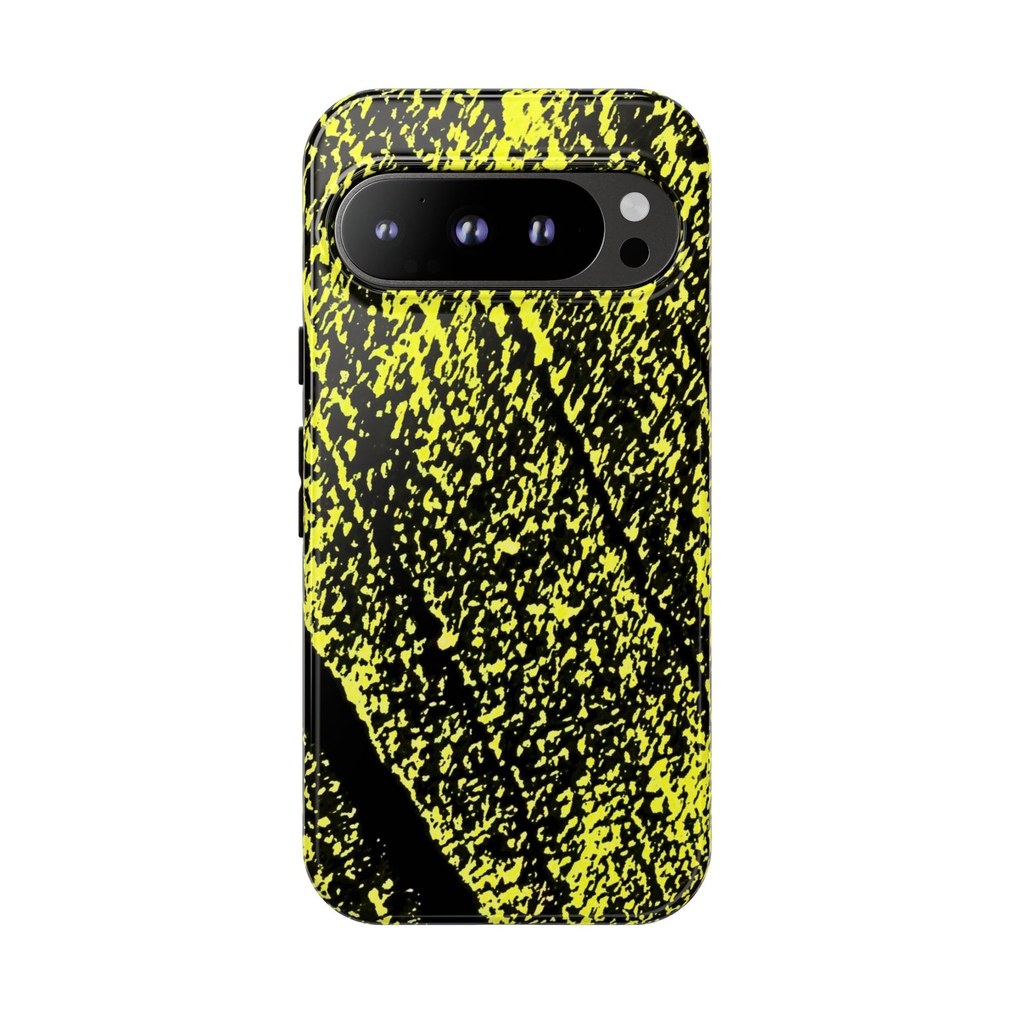 Bloom to Consume protective phone case featuring a black and toxic yellow organic decay pattern.
