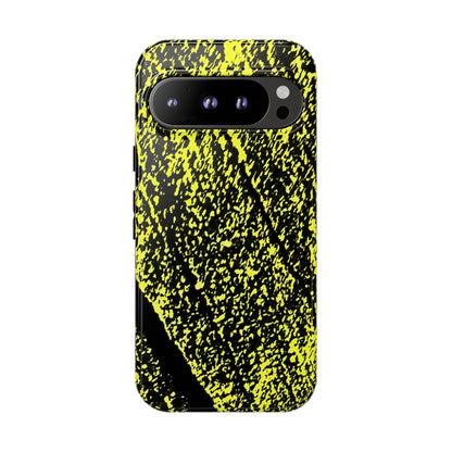 Bloom to Consume protective phone case featuring a black and toxic yellow organic decay pattern.