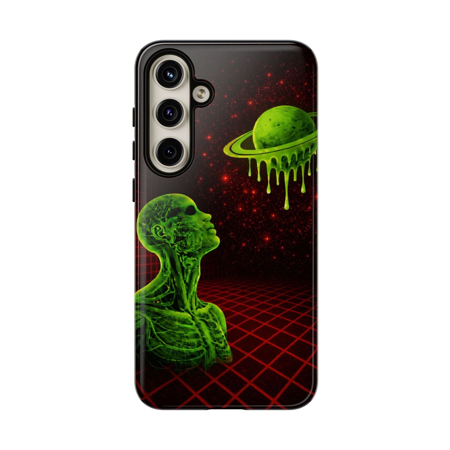 Glowing green anatomical bust gazing up at a dripping Saturn-like planet over a red grid and star-speckled space background on a black phone case.