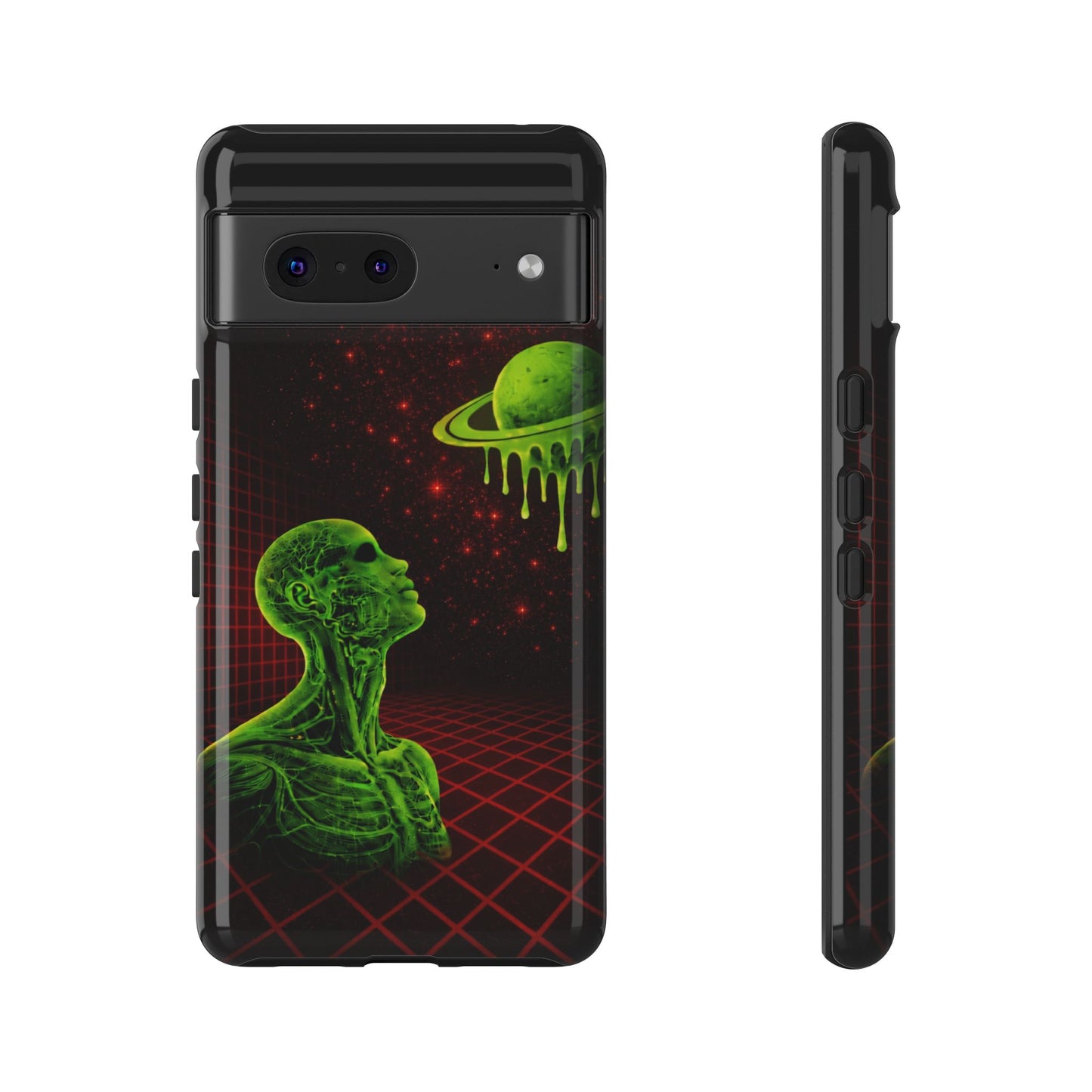 Glowing green anatomical bust gazing up at a dripping Saturn-like planet over a red grid and star-speckled space background on a black phone case.