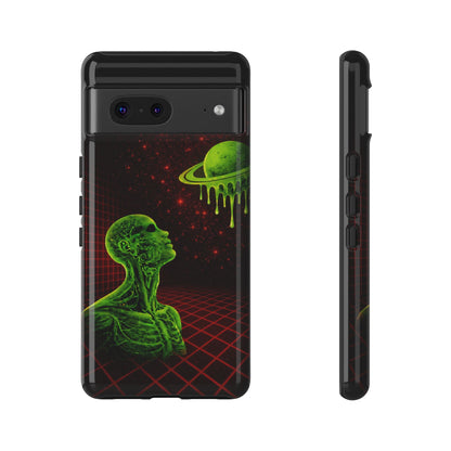 Glowing green anatomical bust gazing up at a dripping Saturn-like planet over a red grid and star-speckled space background on a black phone case.