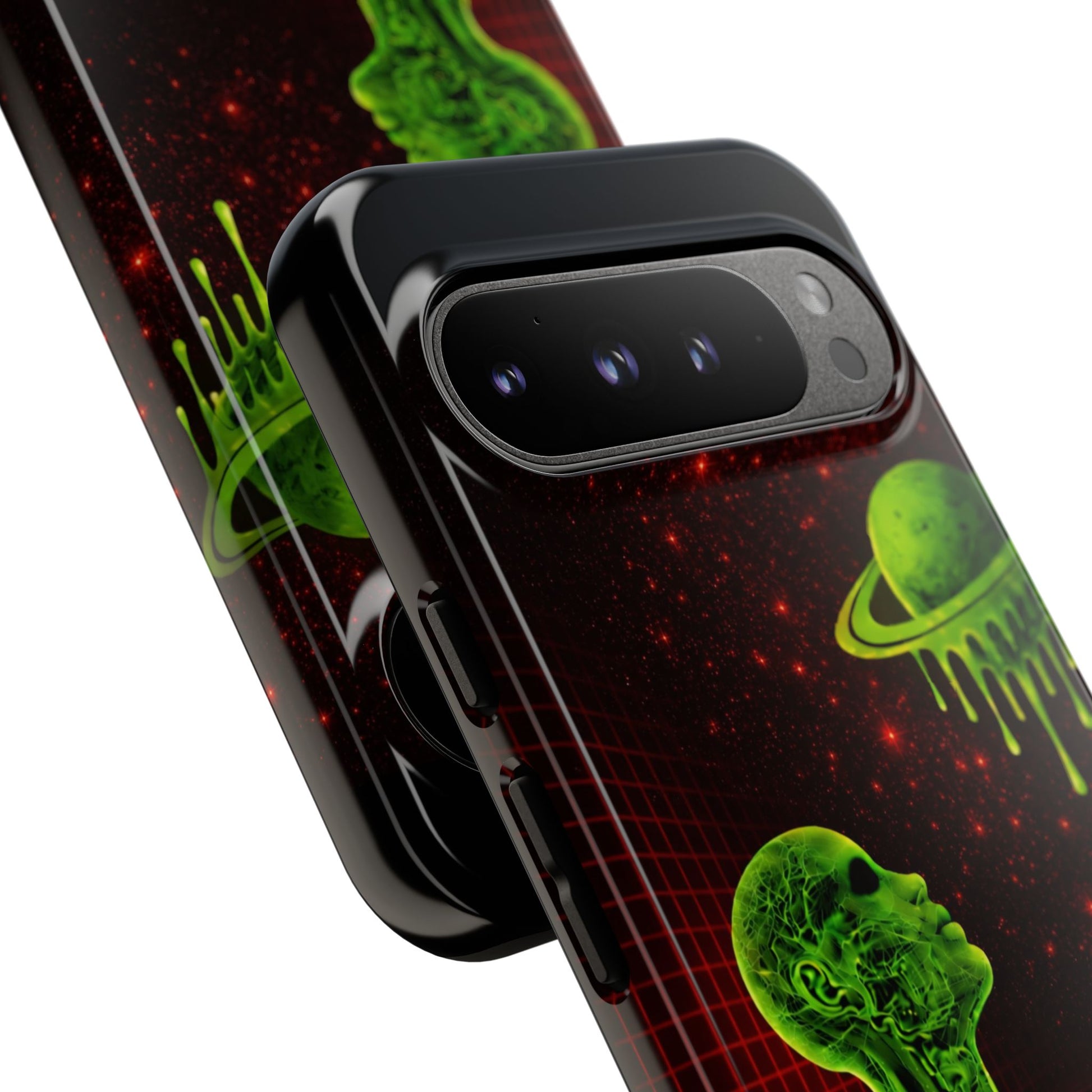 Glowing green anatomical bust gazing up at a dripping Saturn-like planet over a red grid and star-speckled space background on a black phone case.