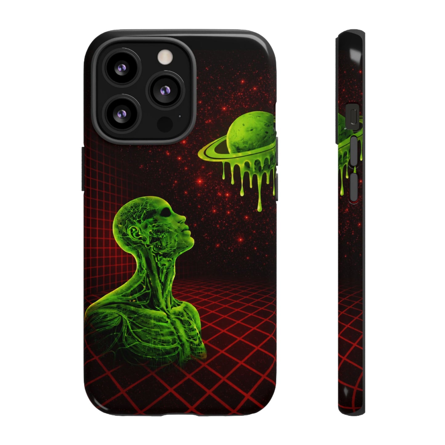 Glowing green anatomical bust gazing up at a dripping Saturn-like planet over a red grid and star-speckled space background on a black phone case.