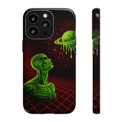 Glowing green anatomical bust gazing up at a dripping Saturn-like planet over a red grid and star-speckled space background on a black phone case.