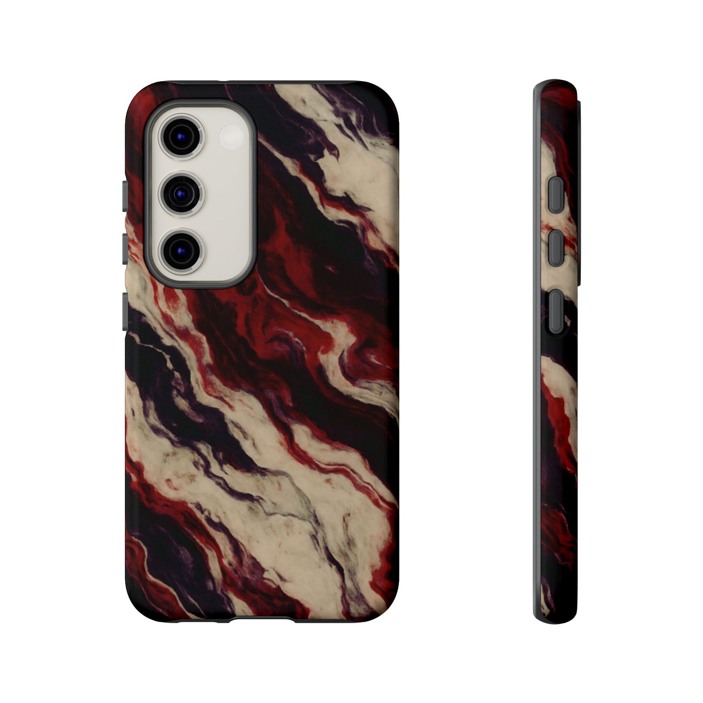 NecroGrip “Fascia” impact-resistant phone case with red, bone, and black marbled streaks, abstract muscle-like pattern on a slim dual-layer shell.