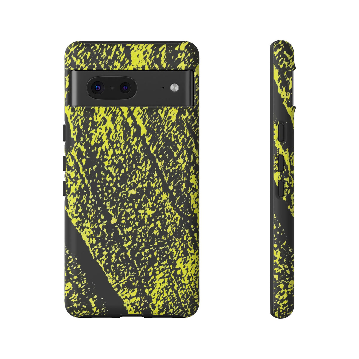 A phone case with a black and neon yellow splattered paint pattern, shown from both the back and side views on a plain white background.