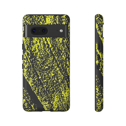 A phone case with a black and neon yellow splattered paint pattern, shown from both the back and side views on a plain white background.