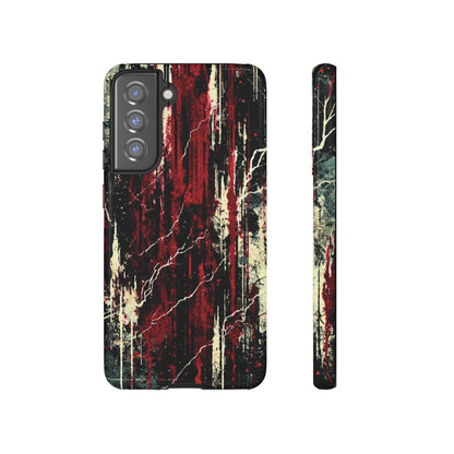 Corrosive impact-resistant phone case with distressed red, black, and bone-white design for iPhone, Samsung, and Google Pixel by NecroGrip.