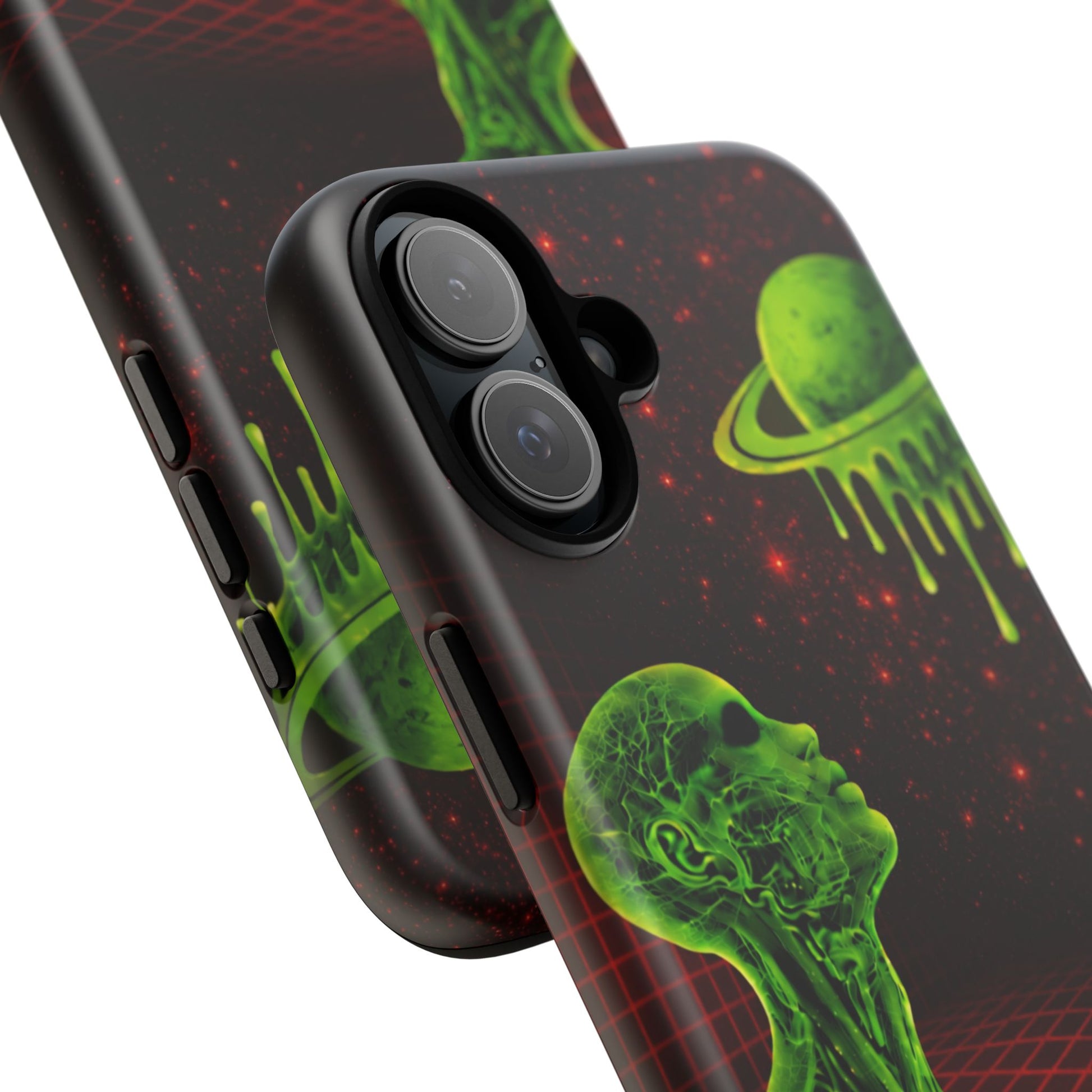 Glowing green anatomical bust gazing up at a dripping Saturn-like planet over a red grid and star-speckled space background on a black phone case.