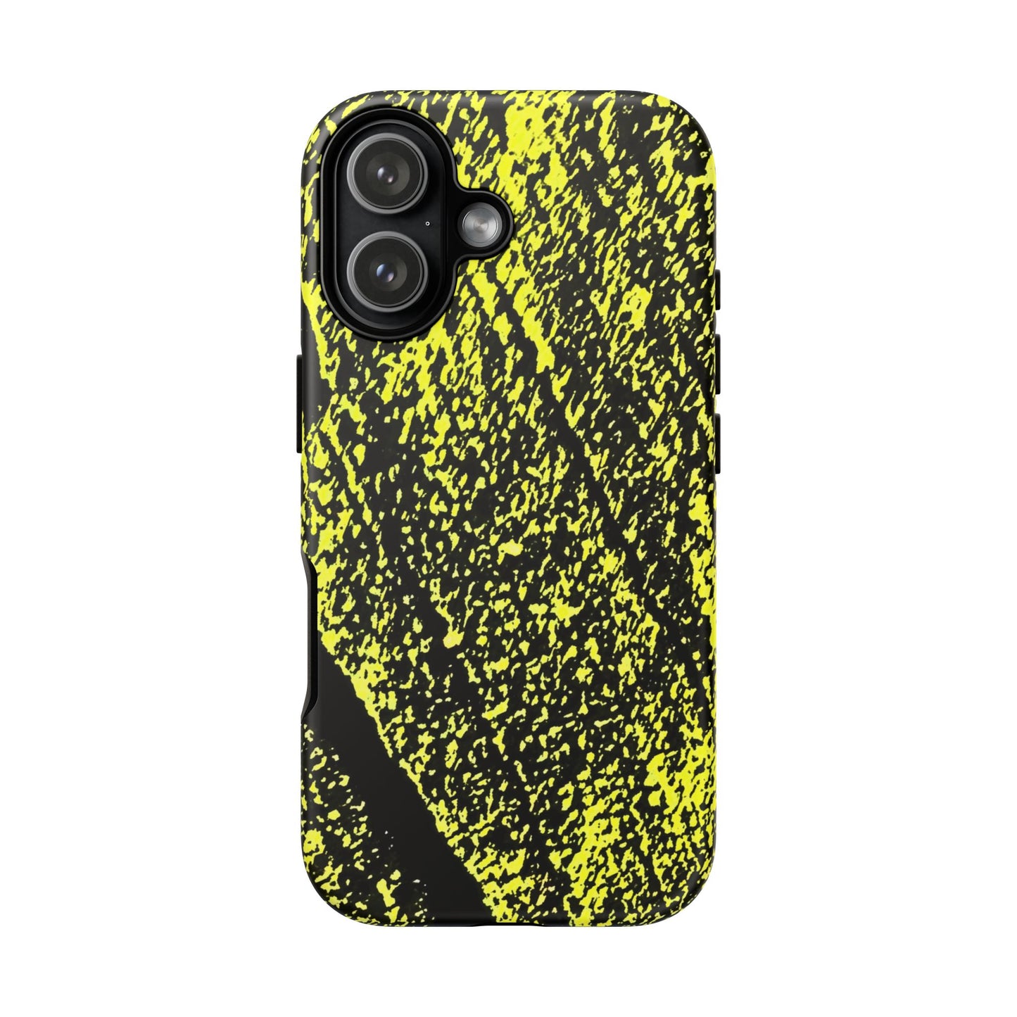 A phone case featuring a high-contrast black and neon yellow abstract textured pattern, shown on a plain white background.
