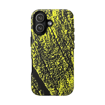 A phone case featuring a high-contrast black and neon yellow abstract textured pattern, shown on a plain white background.