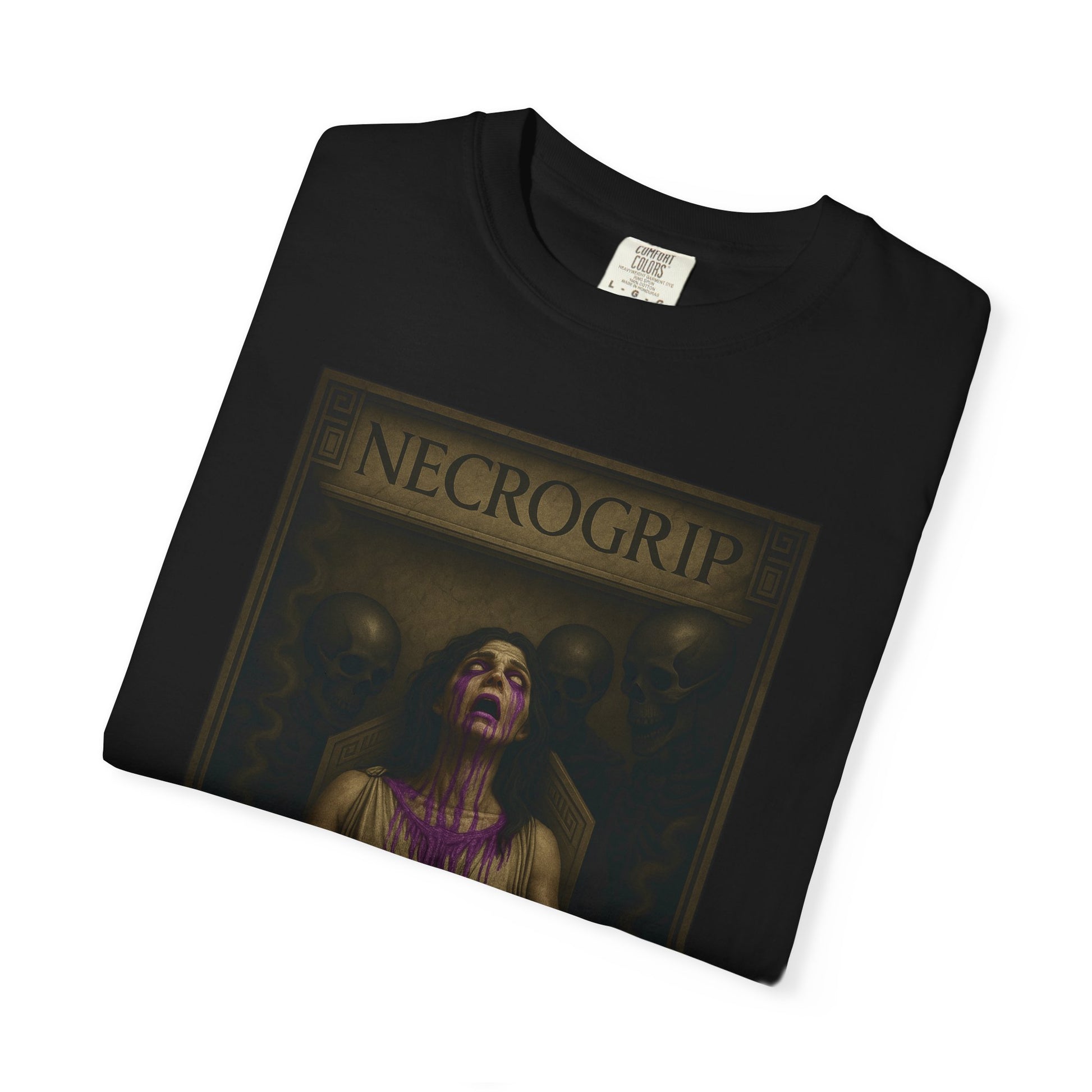Black Comfort Colors t-shirt featuring NecroGrip’s Oracle in Violet Drip design — a seated oracle bound to a stone throne, violet fluid streaming from her mouth, surrounded by skeletal figures.