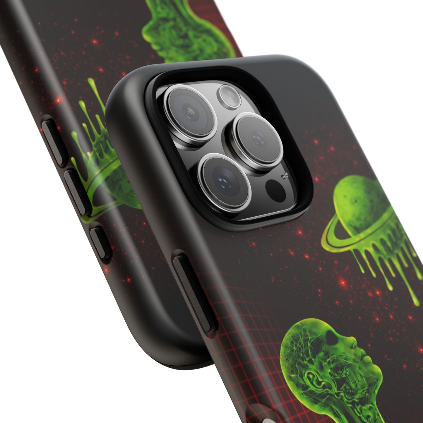 Glowing green anatomical bust gazing up at a dripping Saturn-like planet over a red grid and star-speckled space background on a black phone case.
