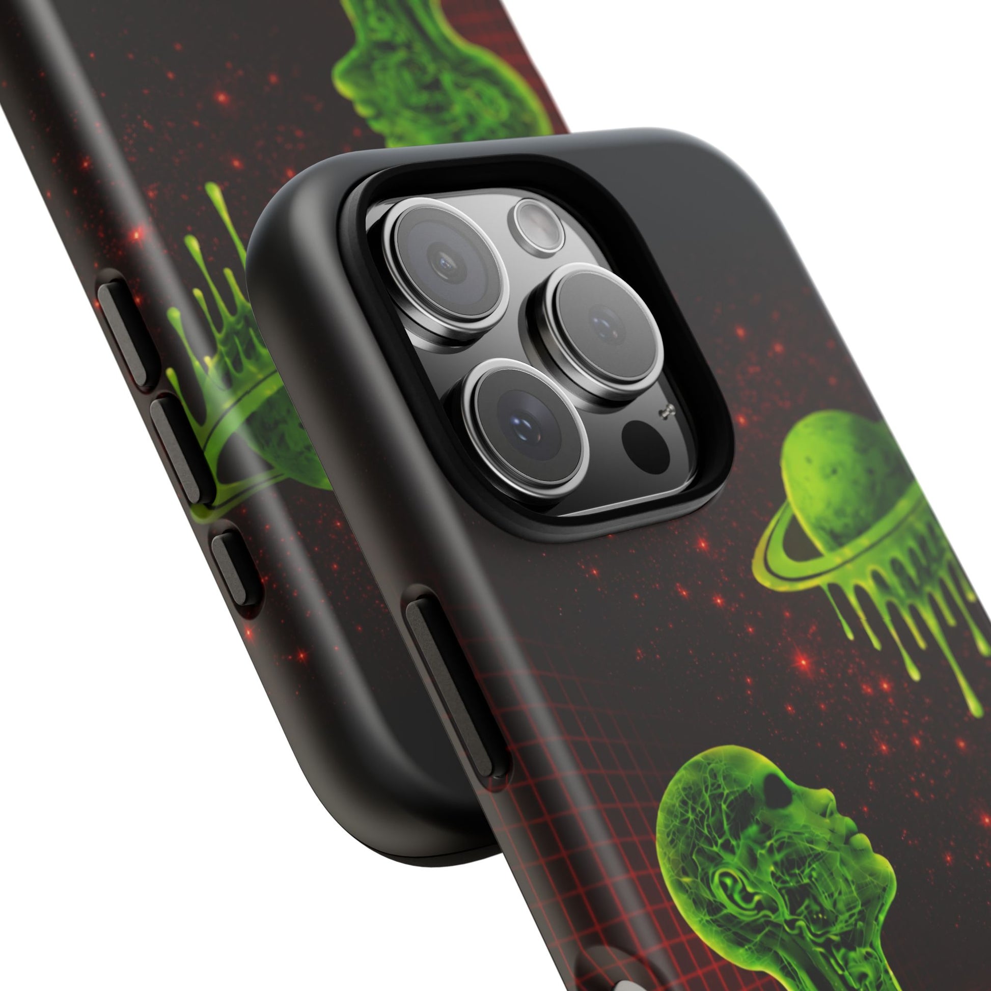 Glowing green anatomical bust gazing up at a dripping Saturn-like planet over a red grid and star-speckled space background on a black phone case.