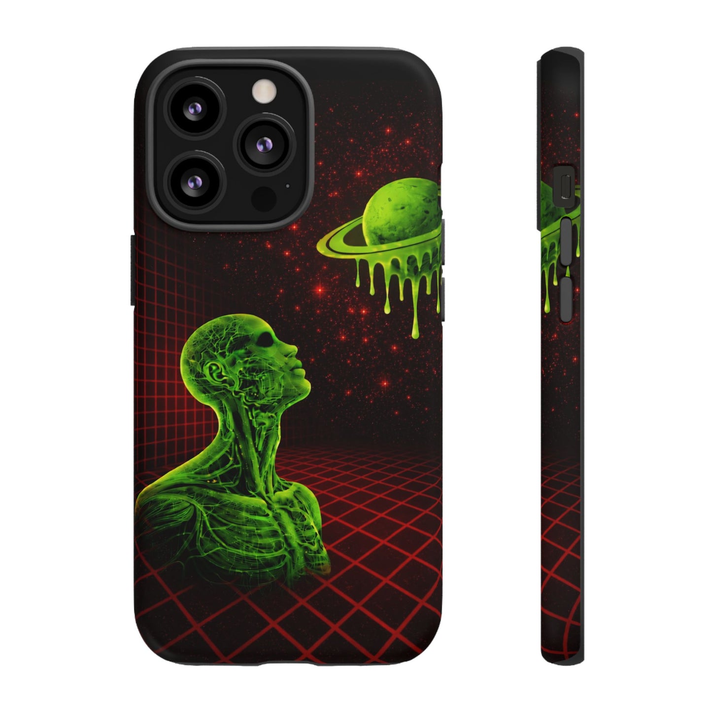 Glowing green anatomical bust gazing up at a dripping Saturn-like planet over a red grid and star-speckled space background on a black phone case.
