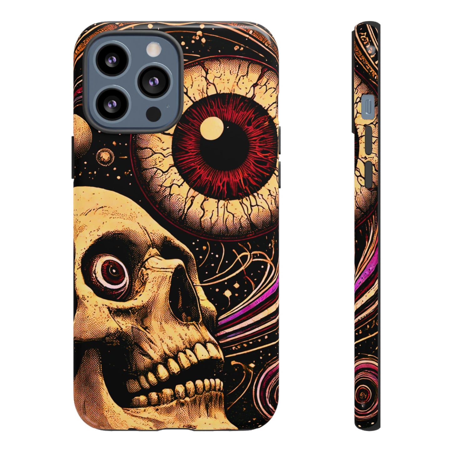 Impact-resistant tough phone case featuring a dark cosmic skull and eye design on a durable dual-layer shell by NecroGrip.