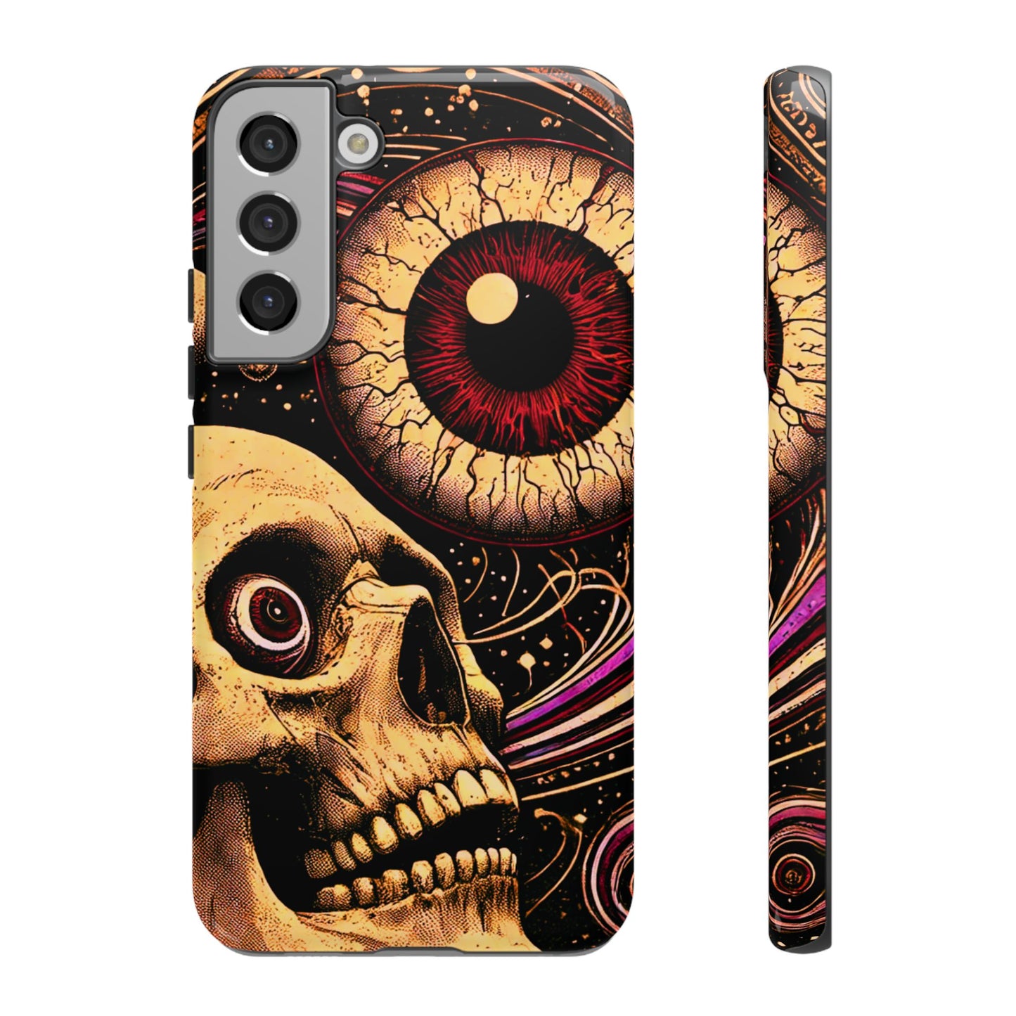Impact-resistant tough phone case featuring a dark cosmic skull and eye design on a durable dual-layer shell by NecroGrip.