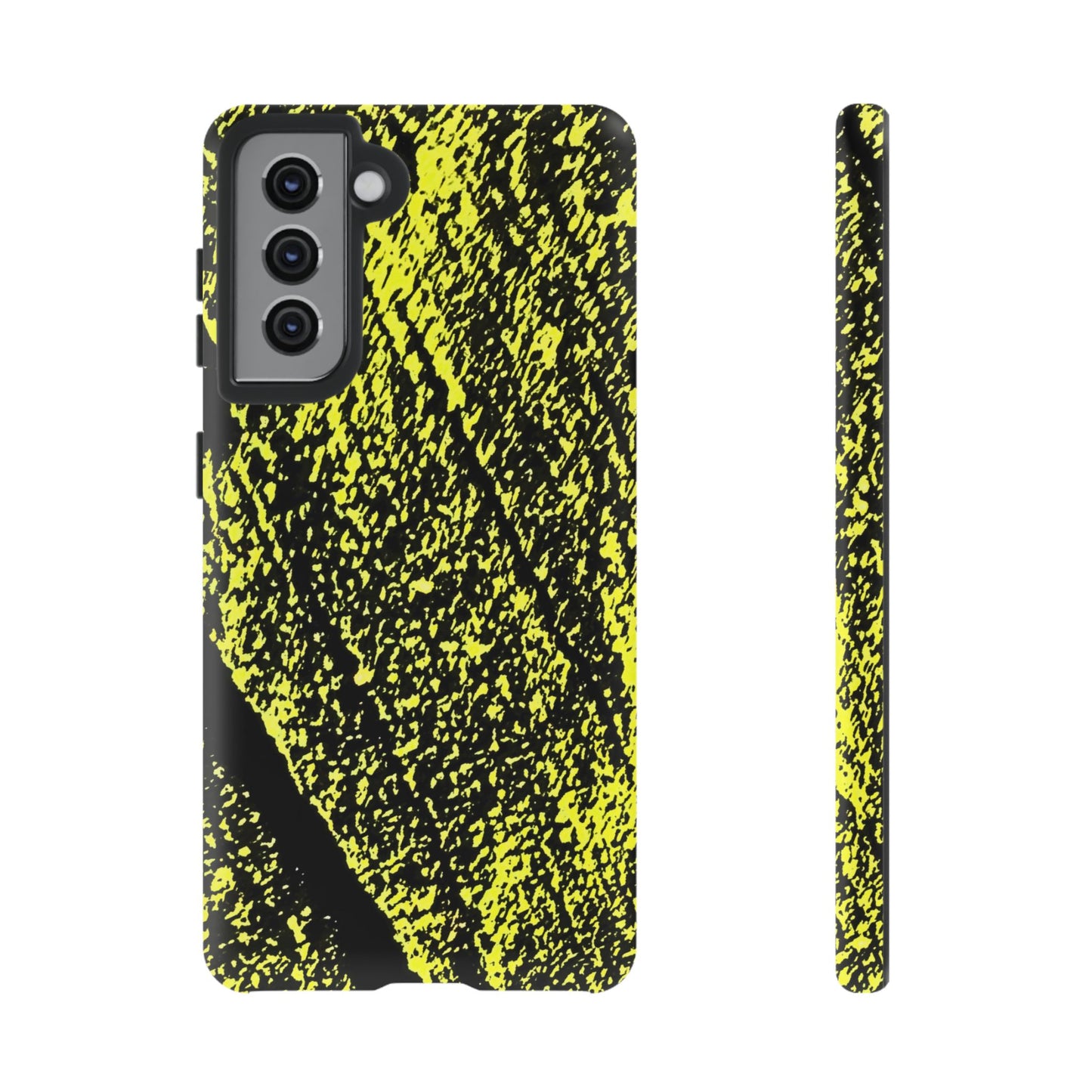 Bloom to Consume protective phone case featuring a black and toxic yellow organic decay pattern.