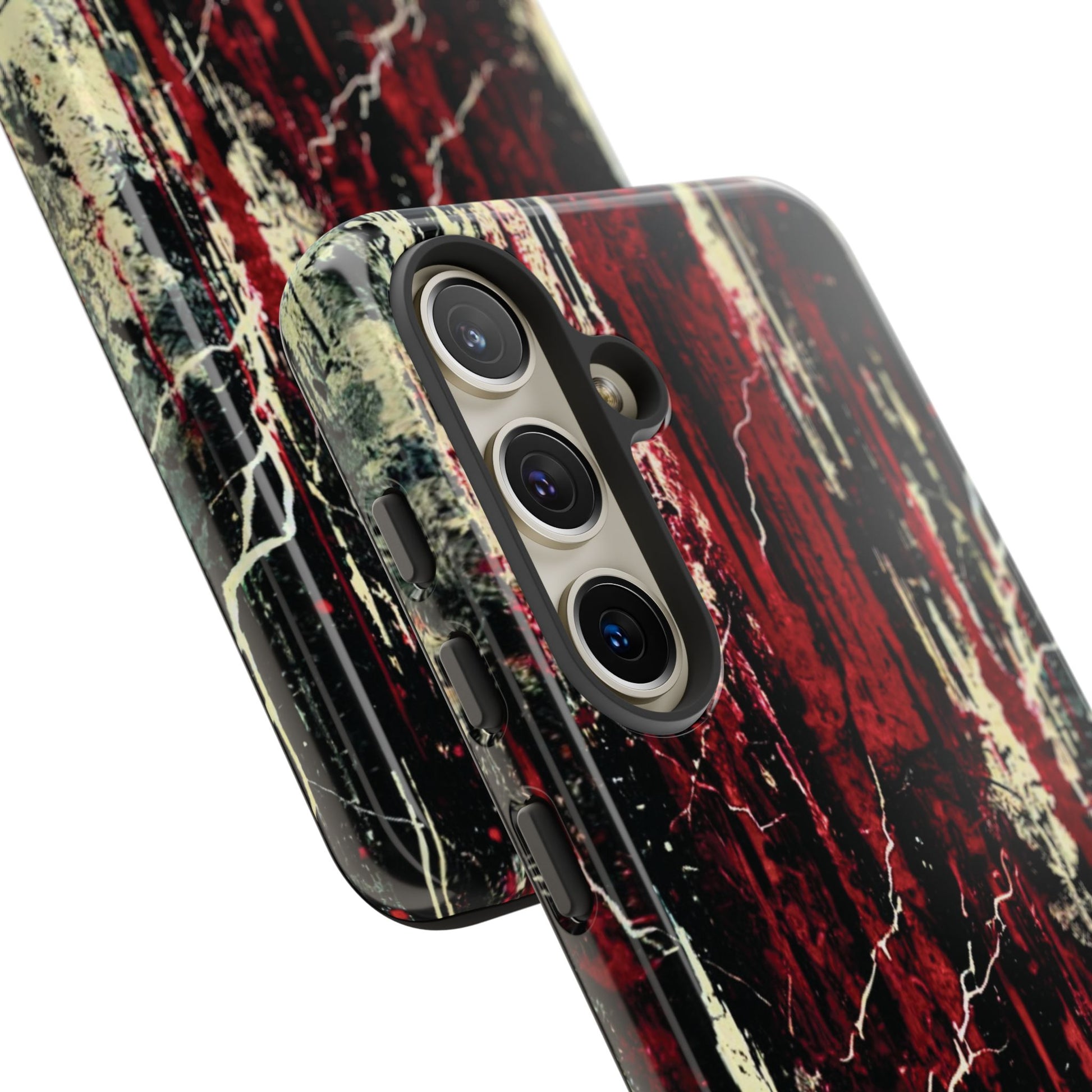 Corrosive impact-resistant phone case with distressed red, black, and bone-white design for iPhone, Samsung, and Google Pixel by NecroGrip.