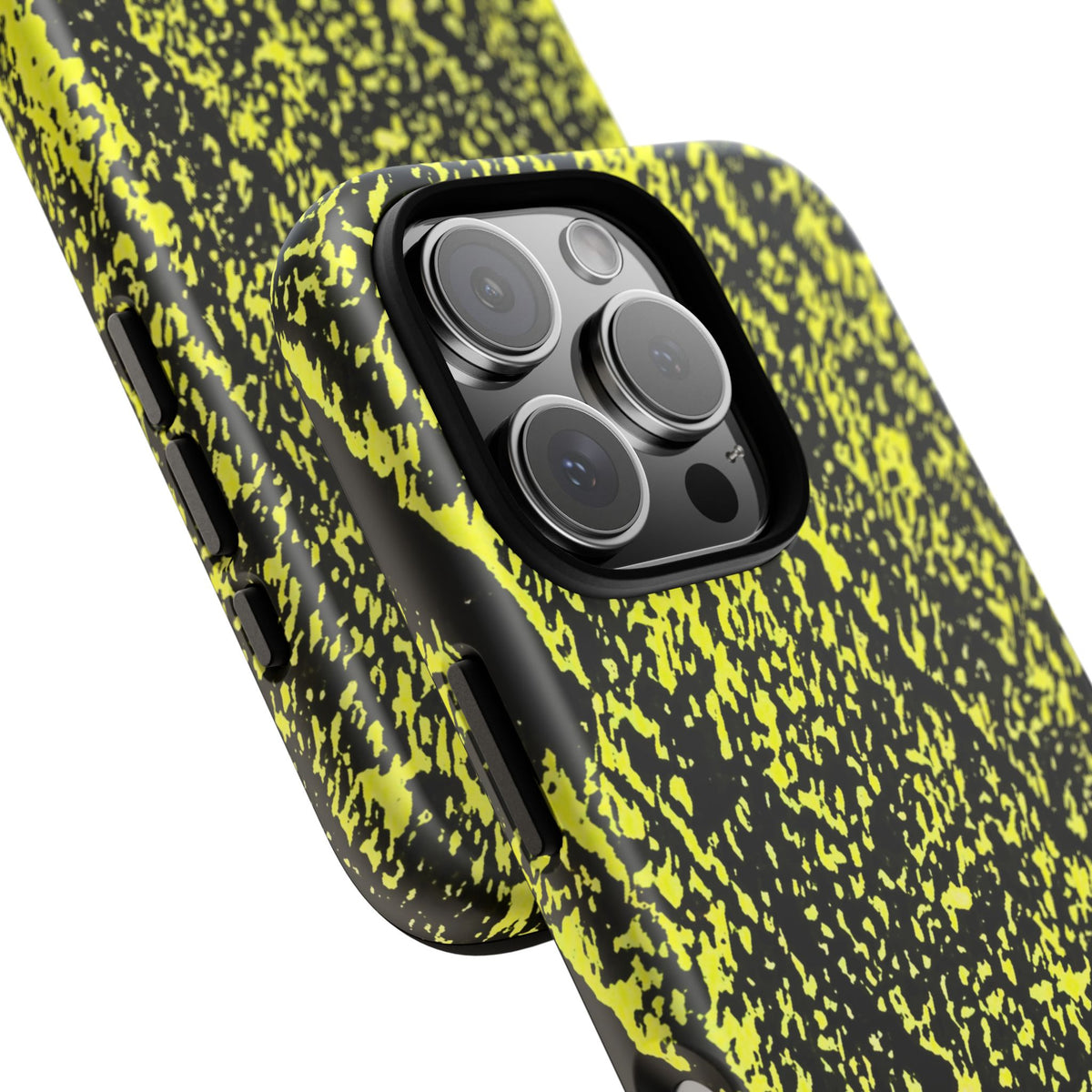 Bloom to Consume protective phone case featuring a black and toxic yellow organic decay pattern.