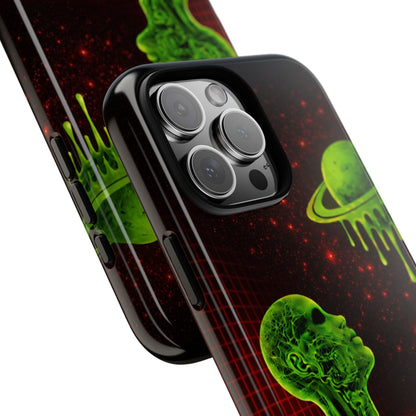 Glowing green anatomical bust gazing up at a dripping Saturn-like planet over a red grid and star-speckled space background on a black phone case.