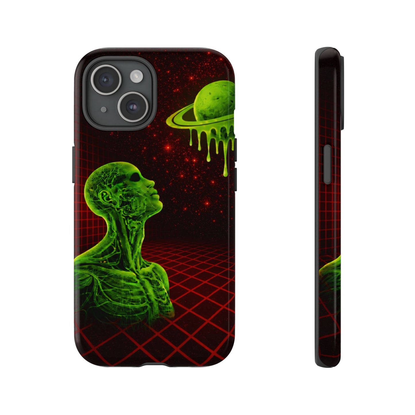Glowing green anatomical bust gazing up at a dripping Saturn-like planet over a red grid and star-speckled space background on a black phone case.