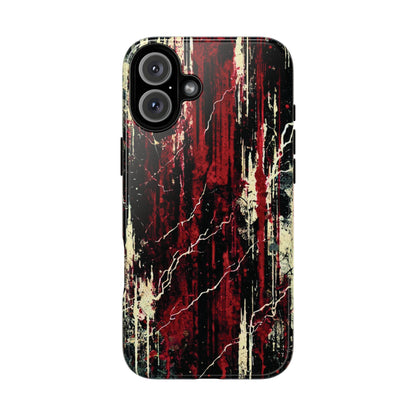 Corrosive impact-resistant phone case with distressed red, black, and bone-white design for iPhone, Samsung, and Google Pixel by NecroGrip.