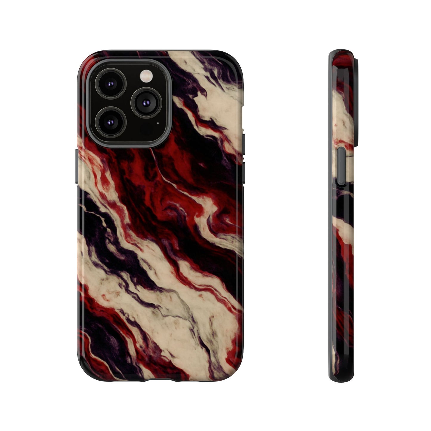 NecroGrip “Fascia” impact-resistant phone case with red, bone, and black marbled streaks, abstract muscle-like pattern on a slim dual-layer shell.