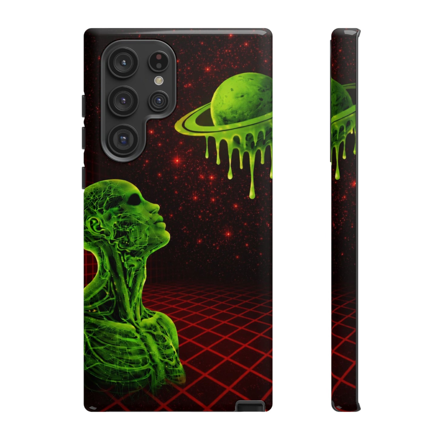 Glowing green anatomical bust gazing up at a dripping Saturn-like planet over a red grid and star-speckled space background on a black phone case.