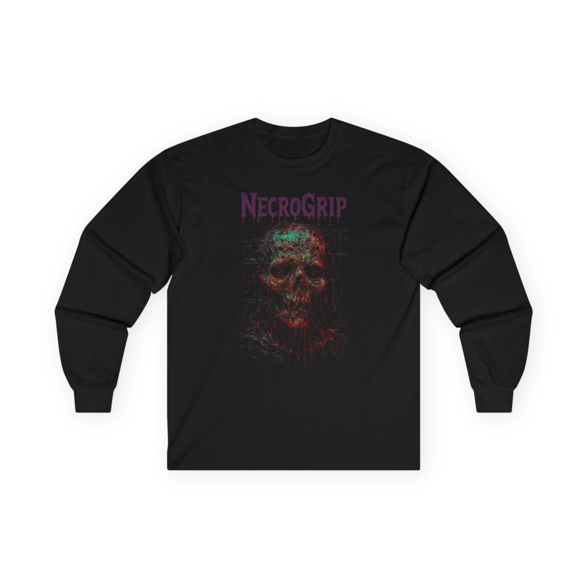 Rotten Signal long sleeve black tee with fractured glitch skull design and NecroGrip logo, heavy cotton, flat lay mockup.