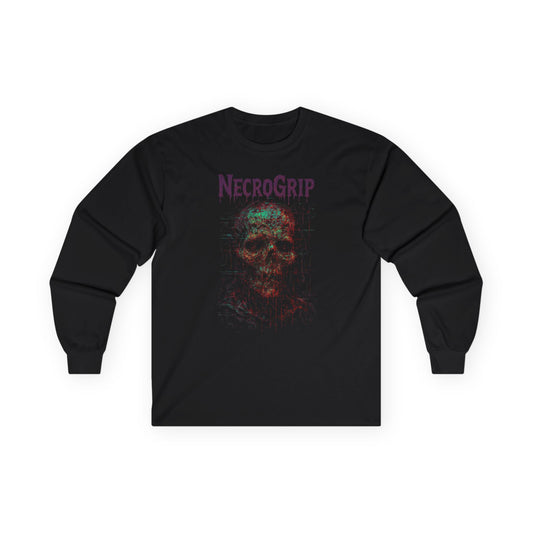 Rotten Signal long sleeve black tee with fractured glitch skull design and NecroGrip logo, heavy cotton, flat lay mockup.