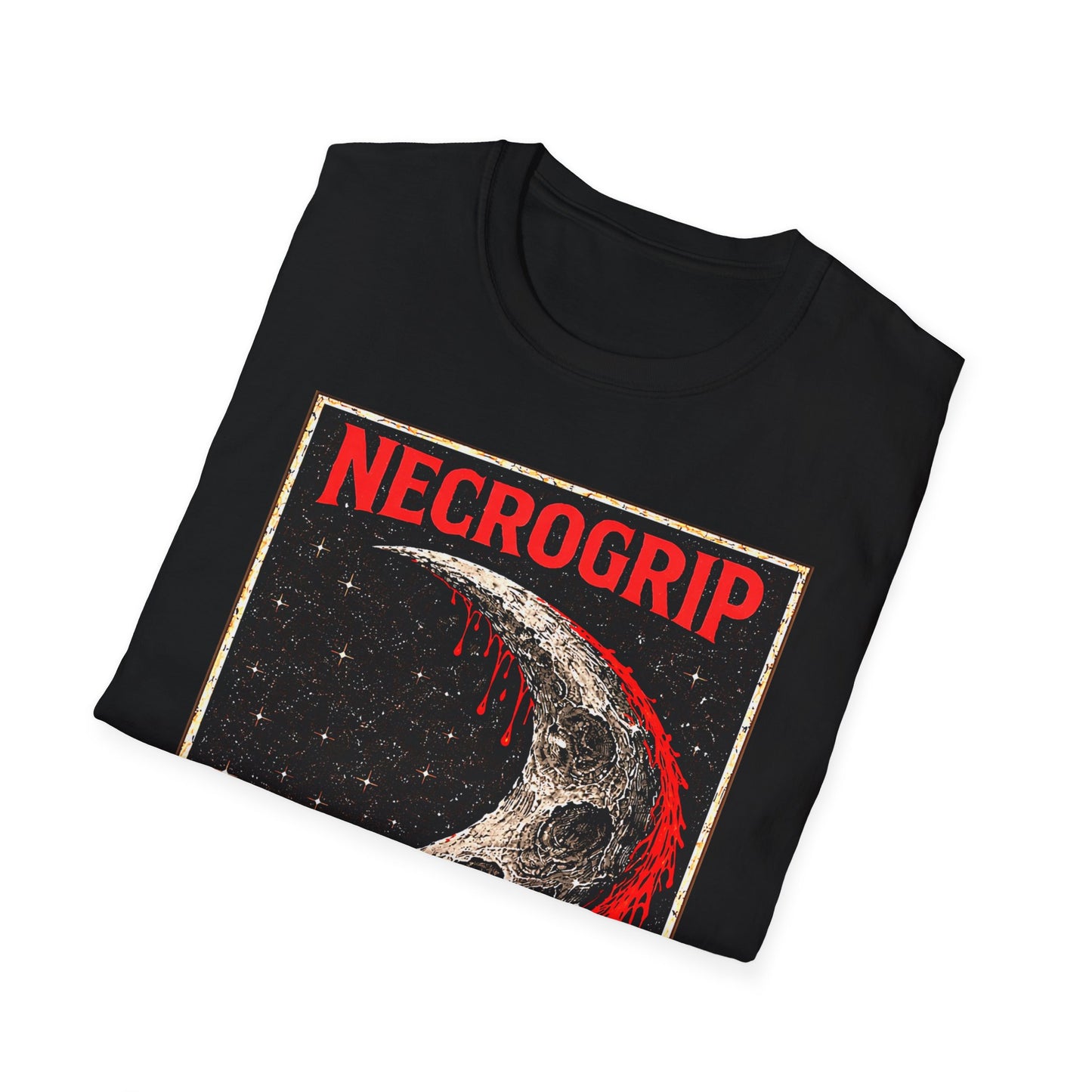 Folded black Gildan Softstyle t-shirt showing the NecroGrip Crimson Crescent design: fractured crescent moon, red dripping detail, and distressed border with starry background.