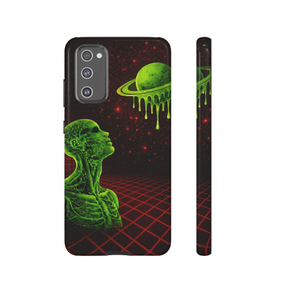 Glowing green anatomical bust gazing up at a dripping Saturn-like planet over a red grid and star-speckled space background on a black phone case.