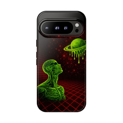 Glowing green anatomical bust gazing up at a dripping Saturn-like planet over a red grid and star-speckled space background on a black phone case.