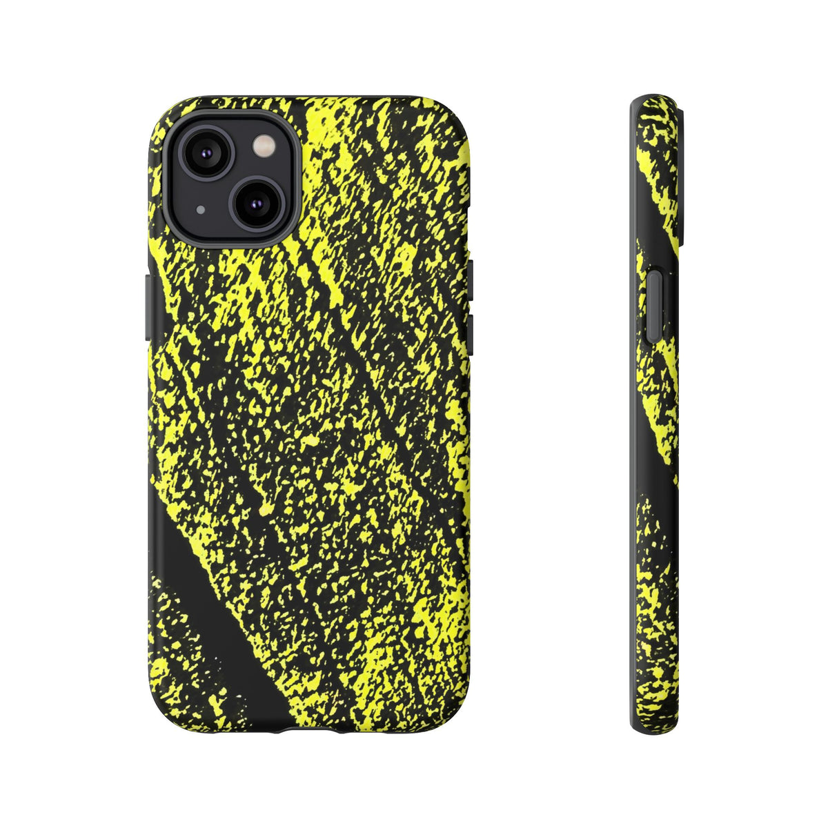 Bloom to Consume protective phone case featuring a black and toxic yellow organic decay pattern.