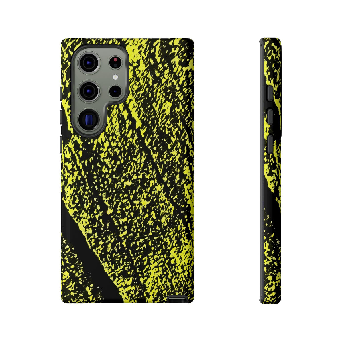A phone case with a high-contrast black and neon yellow splattered pattern, shown from both the back and side views on a plain white background.