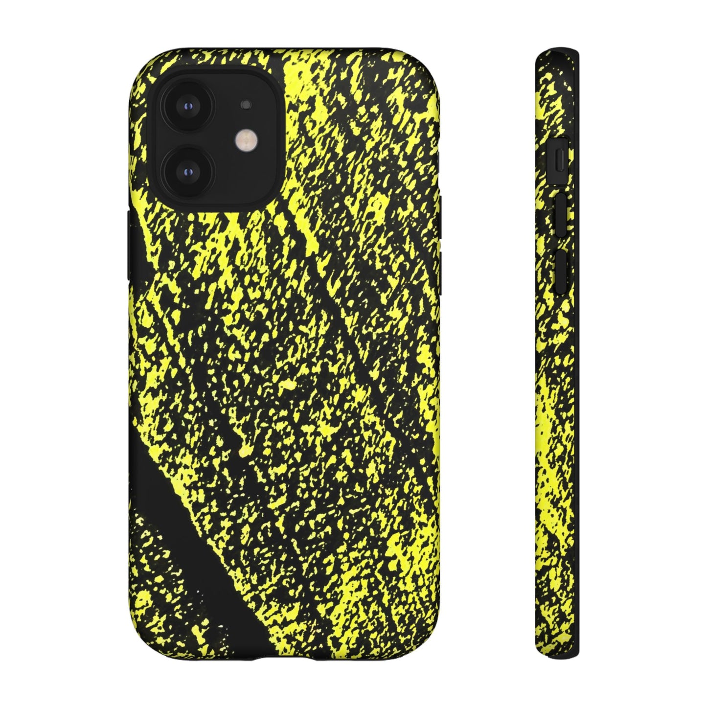 Bloom to Consume protective phone case featuring a black and toxic yellow organic decay pattern.