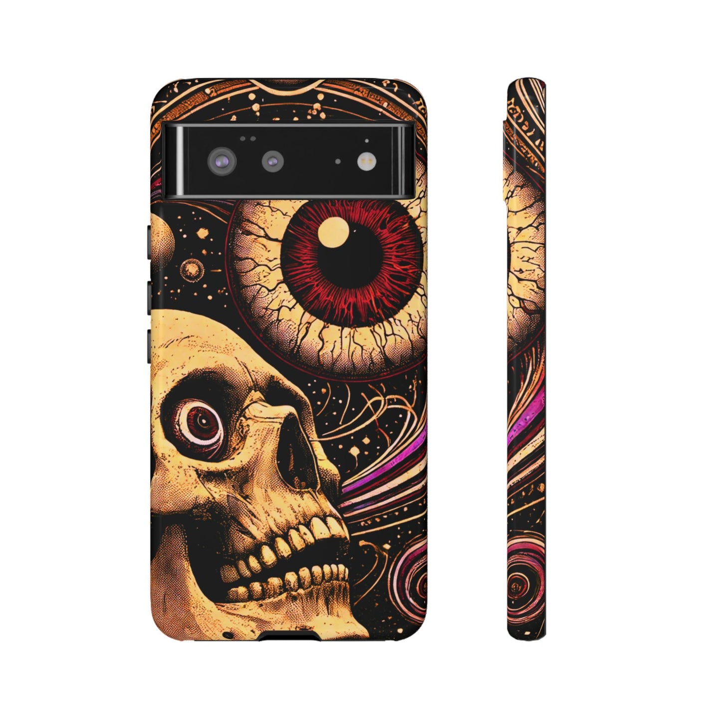 Impact-resistant tough phone case featuring a dark cosmic skull and eye design on a durable dual-layer shell by NecroGrip.