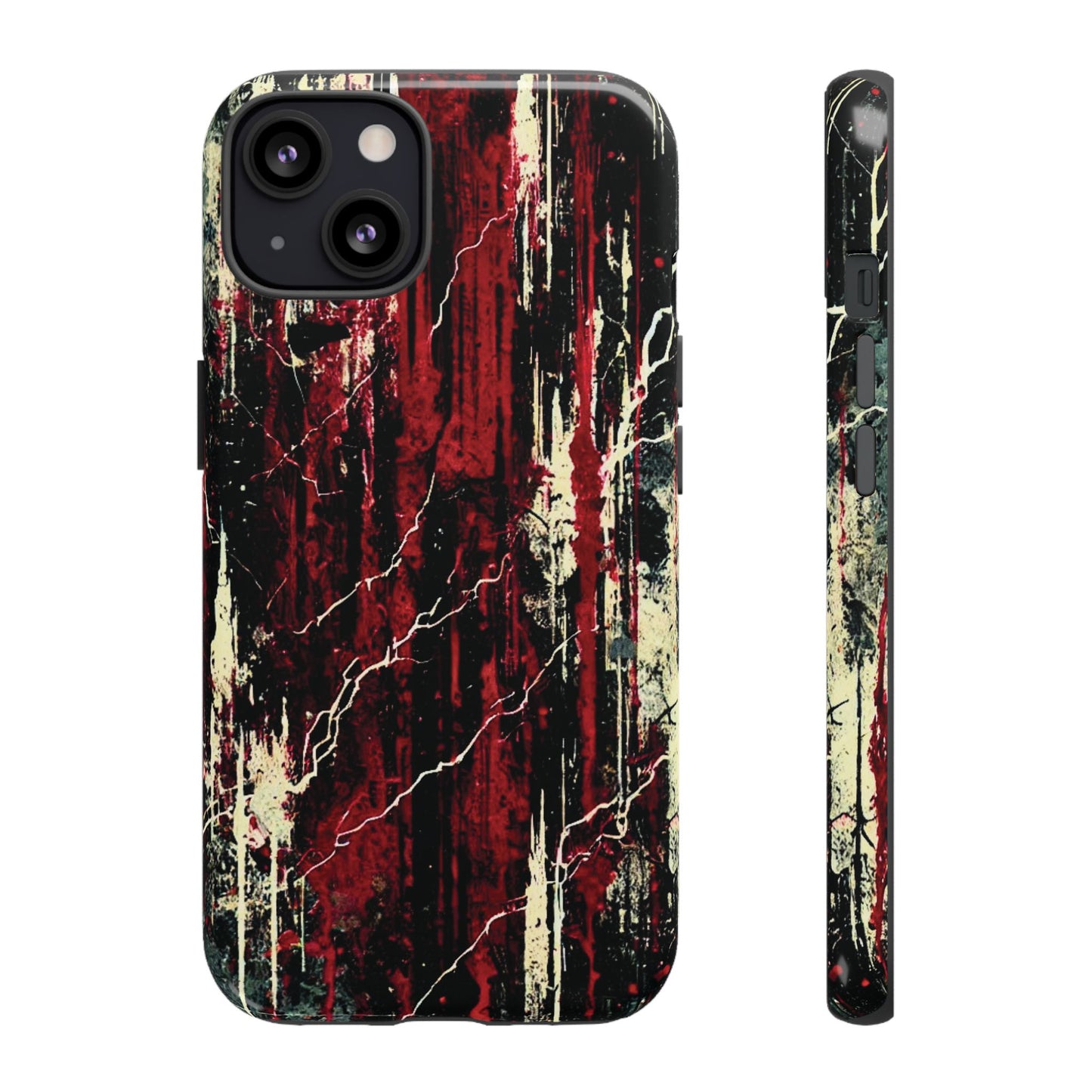 Corrosive impact-resistant phone case with distressed red, black, and bone-white design for iPhone, Samsung, and Google Pixel by NecroGrip.