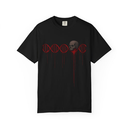Helix Drip Comfort Colors tee laid flat — skull interrupts a double helix, crimson streaks bleeding down the chest, black cotton backdrop.