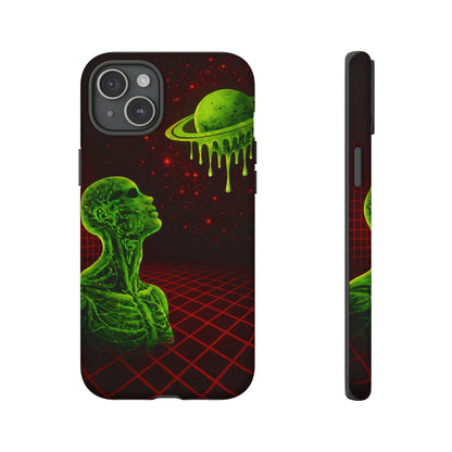 Glowing green anatomical bust gazing up at a dripping Saturn-like planet over a red grid and star-speckled space background on a black phone case.