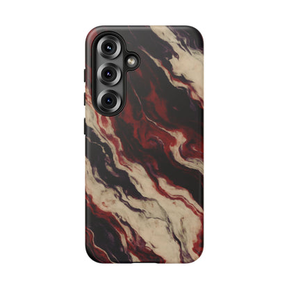 NecroGrip “Fascia” impact-resistant phone case with red, bone, and black marbled streaks, abstract muscle-like pattern on a slim dual-layer shell.