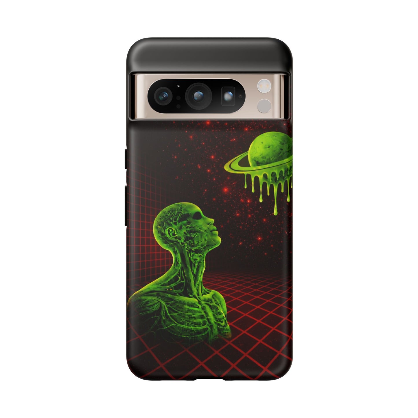 Glowing green anatomical bust gazing up at a dripping Saturn-like planet over a red grid and star-speckled space background on a black phone case.