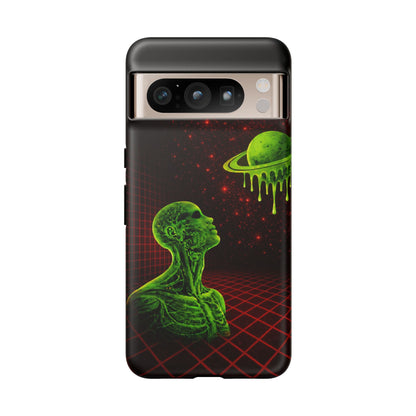 Glowing green anatomical bust gazing up at a dripping Saturn-like planet over a red grid and star-speckled space background on a black phone case.