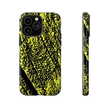 Bloom to Consume protective phone case featuring a black and toxic yellow organic decay pattern.