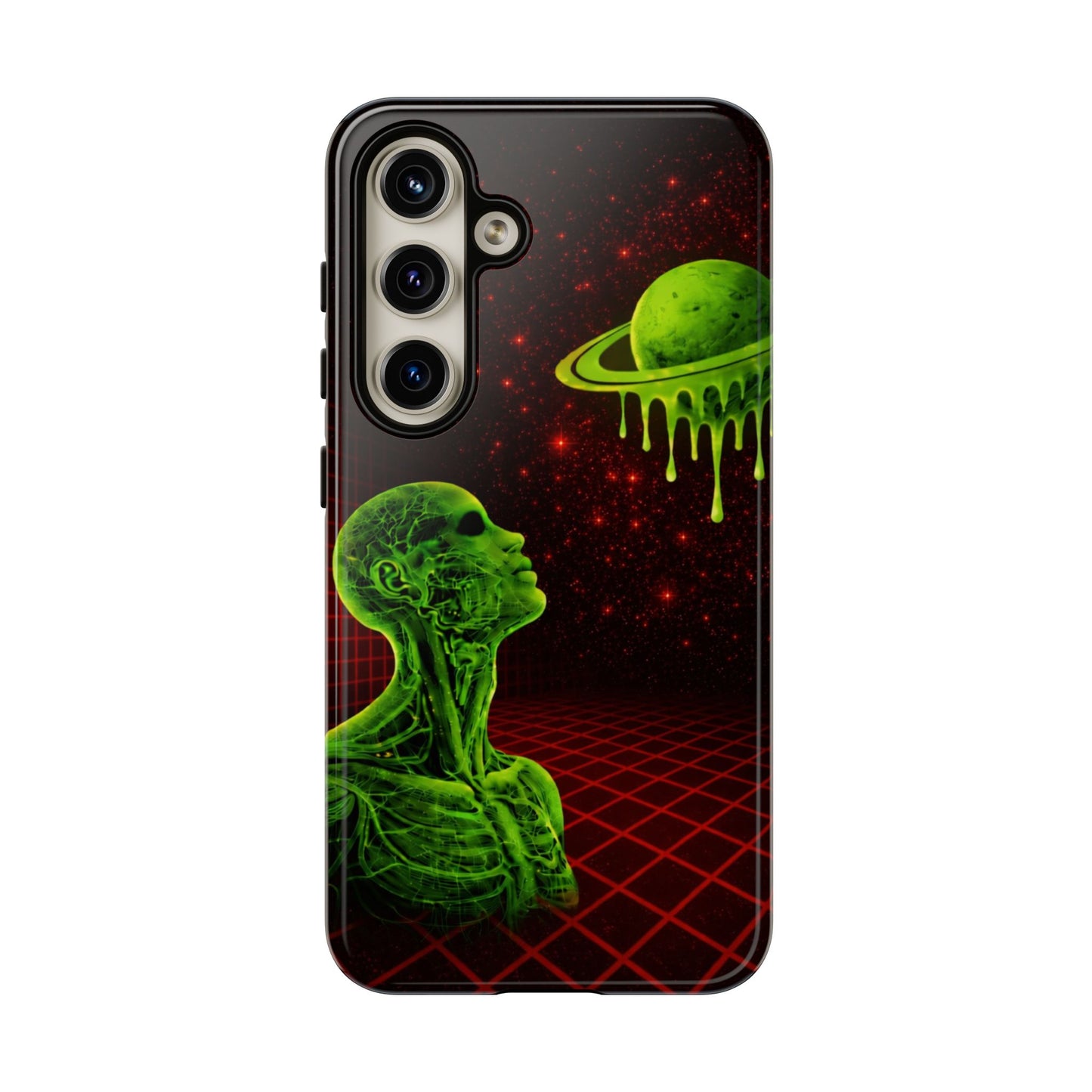 Glowing green anatomical bust gazing up at a dripping Saturn-like planet over a red grid and star-speckled space background on a black phone case.