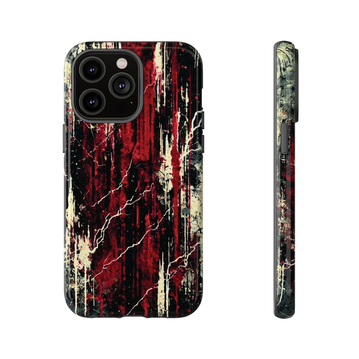 Corrosive impact-resistant phone case with distressed red, black, and bone-white design for iPhone, Samsung, and Google Pixel by NecroGrip.