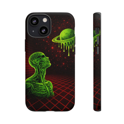 Glowing green anatomical bust gazing up at a dripping Saturn-like planet over a red grid and star-speckled space background on a black phone case.