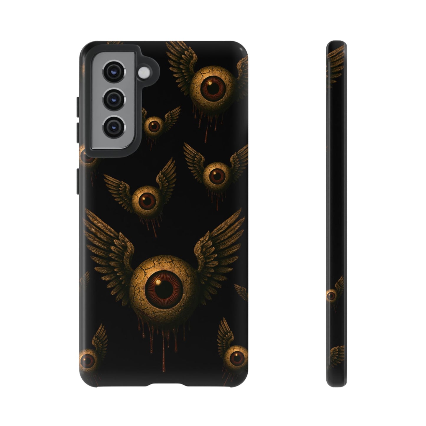 Black phone case with multiple cracked eyeballs with wings, dripping in rust, flying across a dark void.