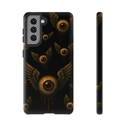 Black phone case with multiple cracked eyeballs with wings, dripping in rust, flying across a dark void.